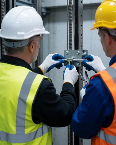 Two technicians in helmets and vests adjust a metal safety component on a steel cable bracket within an elevator shaft structure.