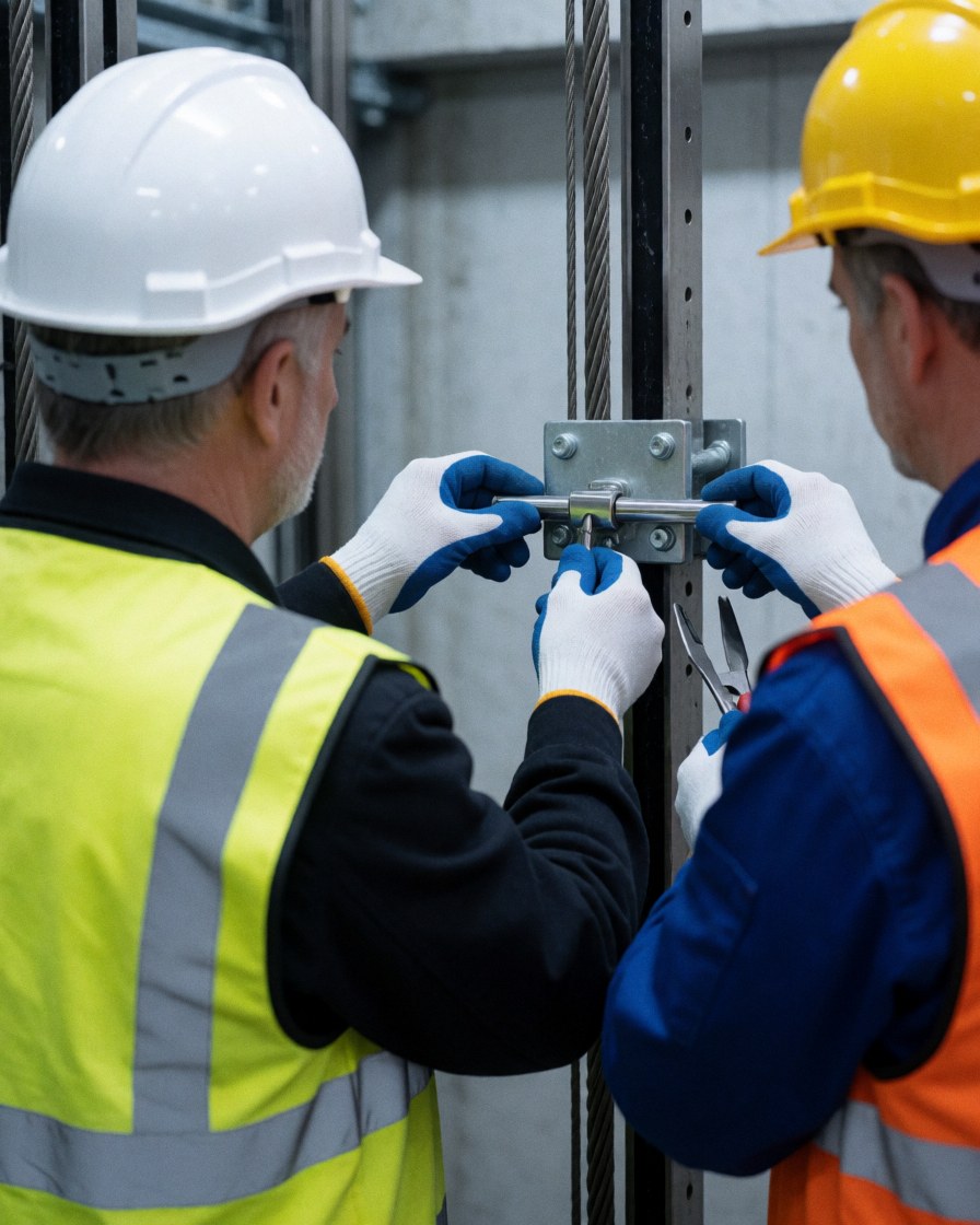 Two technicians in helmets and vests adjust a metal safety component on a steel cable bracket within an elevator shaft structure.