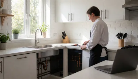 Plumber working on copper pipes under a sink in a modern kitchen with white brick walls.