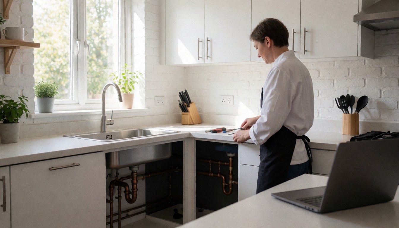 Plumber working on copper pipes under a sink in a modern kitchen with white brick walls.