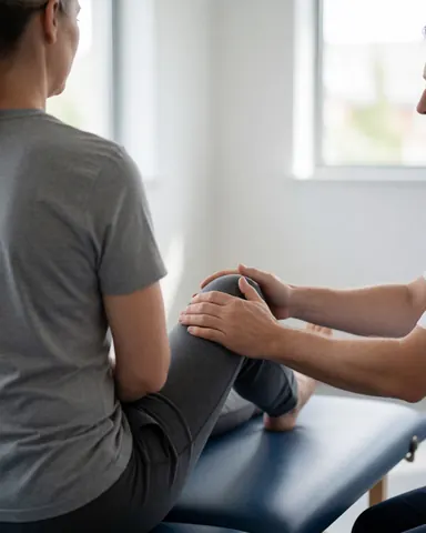 Physiotherapist assisting client with leg stretch on therapy table in clean clinical setting
