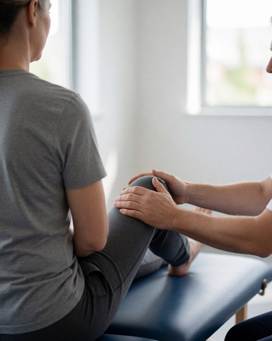 Physiotherapist assisting client with leg stretch on therapy table in clean clinical setting