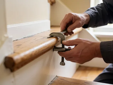 Close-up of a hand tightening a metal plug into a cracked wooden staircase step against a beige wall with natural light