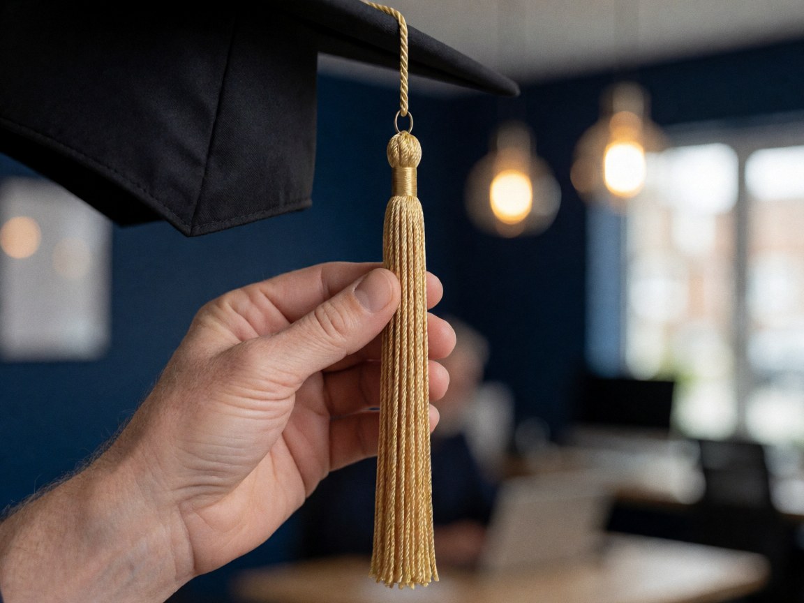 Close-up of a hand holding a golden graduation tassel against a navy blue wall with warm bokeh lights