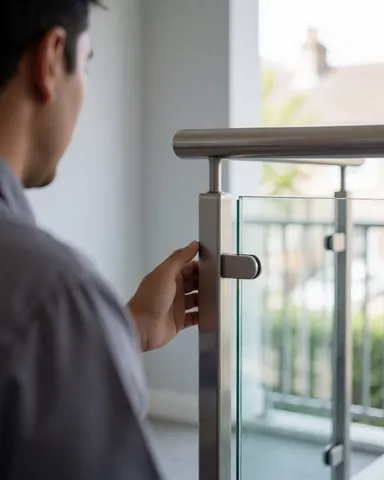 A satisfied client checks the newly installed metal and glass railing on a balcony with gray walls and soft natural light.