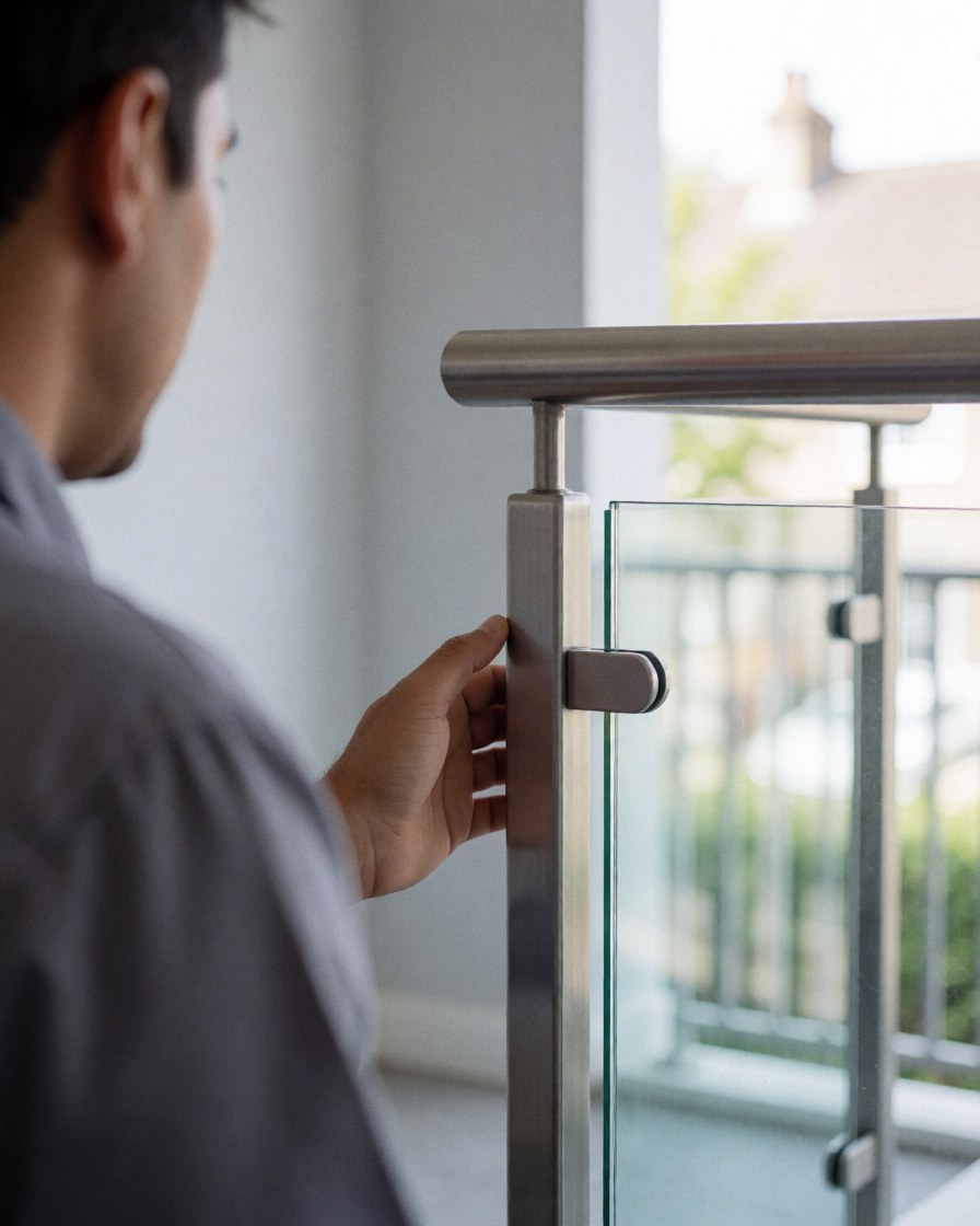 A satisfied client checks the newly installed metal and glass railing on a balcony with gray walls and soft natural light.