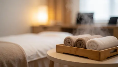 Bamboo tray holding hot towels and steam in a shiatsu studio with warm lighting, suitable for text overlay