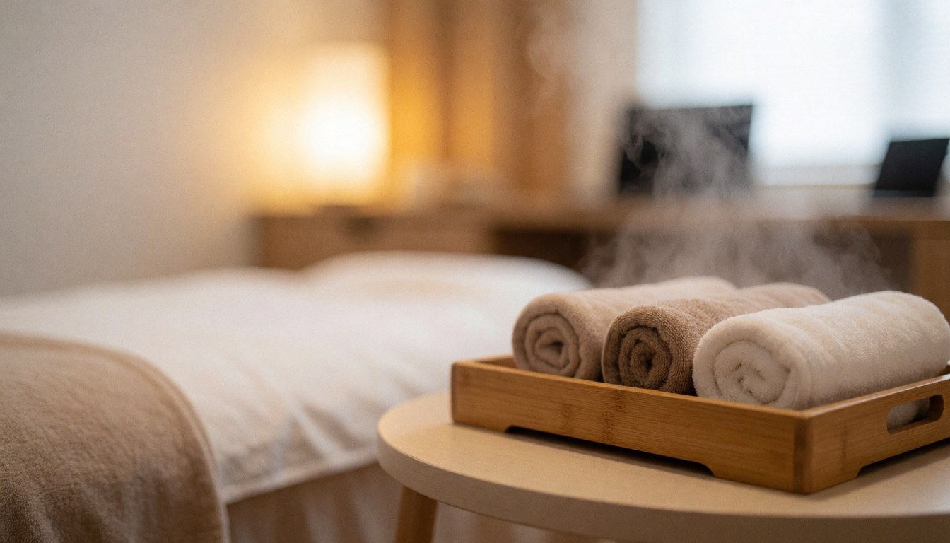 Bamboo tray holding hot towels and steam in a shiatsu studio with warm lighting, suitable for text overlay