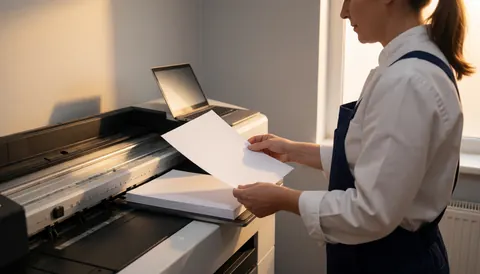 A professional places a white sheet of paper into a large format printer in a print studio with warm lighting and light gray walls.