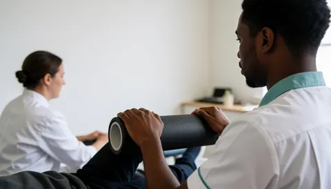 Therapist placing foam roller under client knees during geriatric massage session