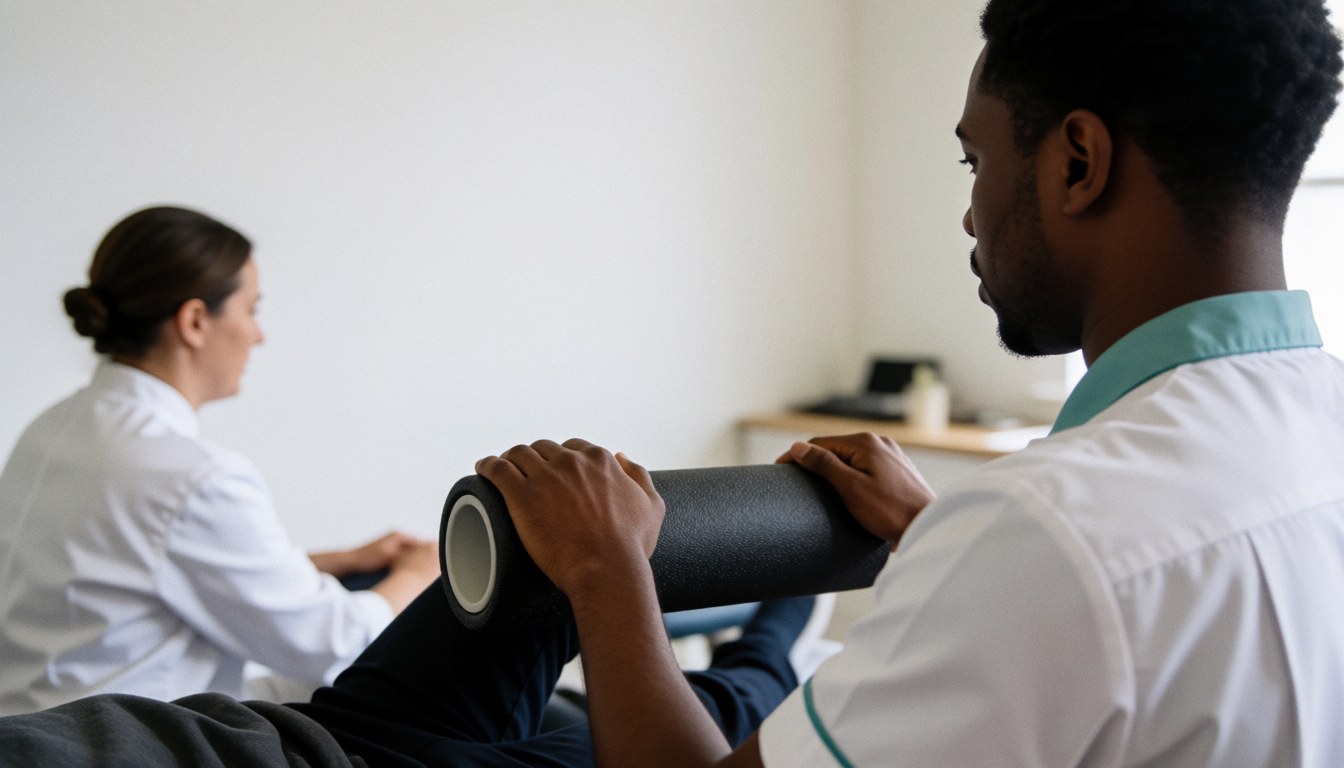 Therapist placing foam roller under client knees during geriatric massage session