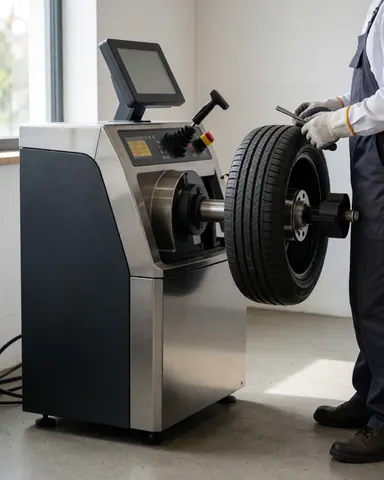 Technician wearing gloves adjusts a tire on a modern balancing machine in a clean workshop with natural lighting