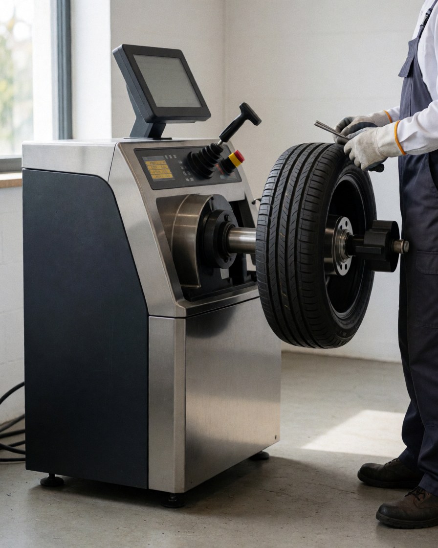 Technician wearing gloves adjusts a tire on a modern balancing machine in a clean workshop with natural lighting