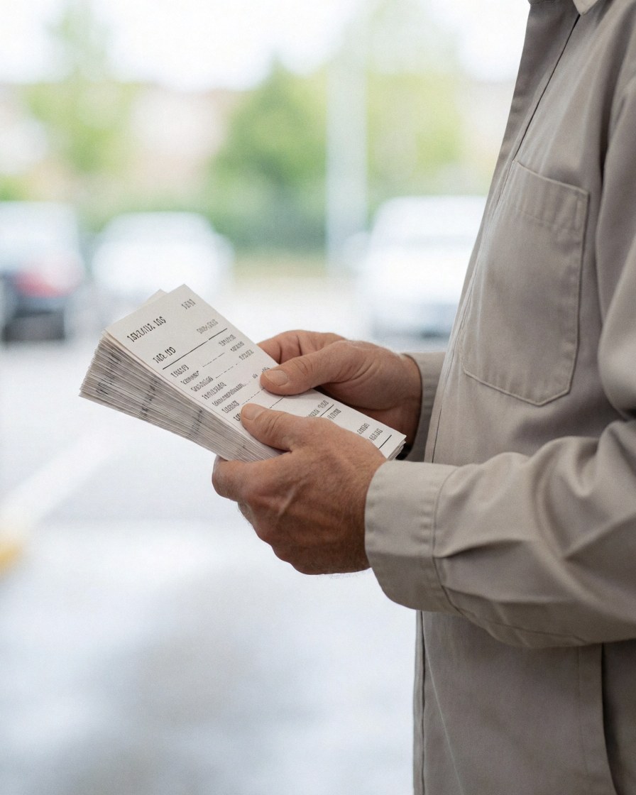 Parking attendant holding tickets in a garage with a blurred background.