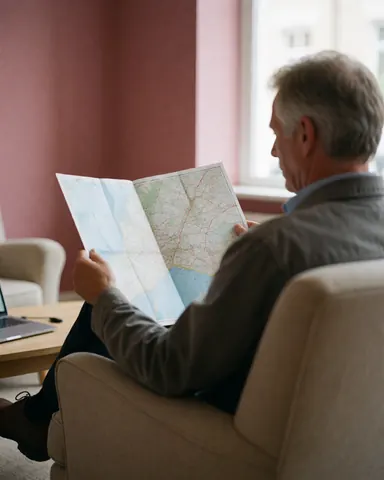 A man reads a map while seated in a comfortable chair inside a lobby with pink walls and natural light, suitable for a hostel setting.