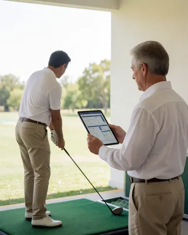 Golf instructor reviews swing metrics on a tablet while a client practices with a driver on a sunny driving range.