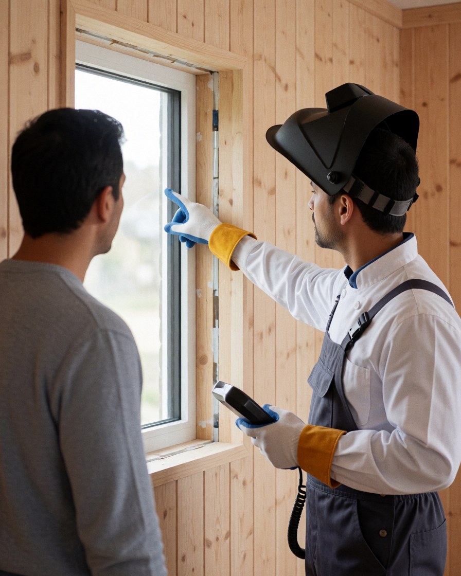 Technician wearing a welding helmet and gloves explaining window details to a client during installation.