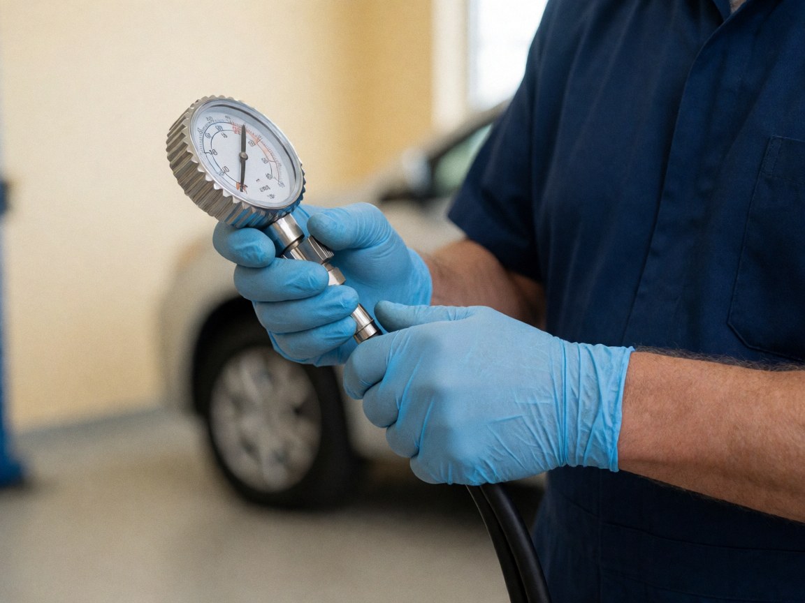 Mechanic wearing blue gloves adjusting a tire pressure gauge on a valve stem in a workshop with beige walls