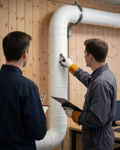 Technician wearing gloves displays thermal insulation on a pipe to a client in a factory with wooden walls