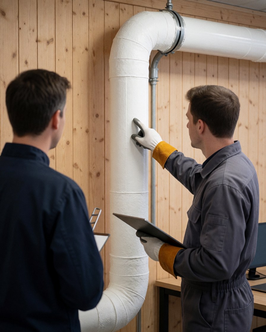 Technician wearing gloves displays thermal insulation on a pipe to a client in a factory with wooden walls