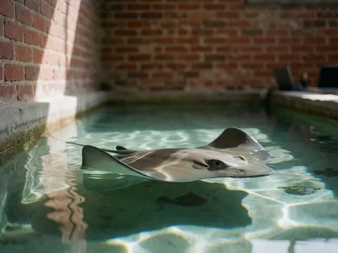 Stingray swimming gracefully in clear shallow water with sunlight patterns and red brick walls, ideal for aquarium or marine exhibit displays
