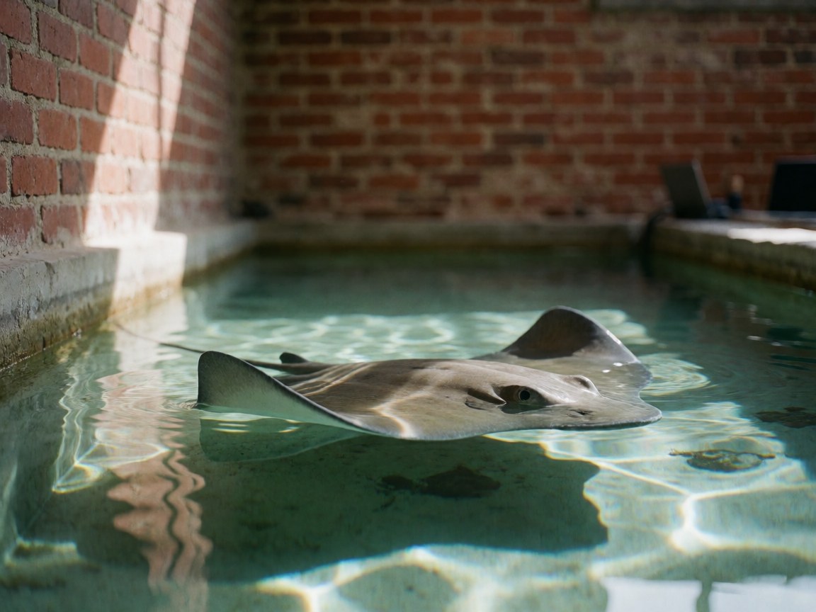 Stingray swimming gracefully in clear shallow water with sunlight patterns and red brick walls, ideal for aquarium or marine exhibit displays