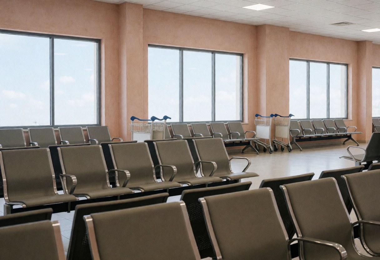 Empty bus terminal featuring rows of waiting chairs, large windows, luggage carts, terracotta walls, and a polished reflective floor.