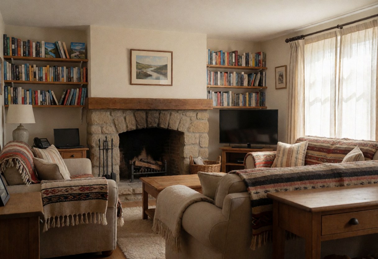 Cozy rural lodging living room featuring a stone fireplace, upholstered sofas, and bookshelves filled with travel books illuminated by natural light.