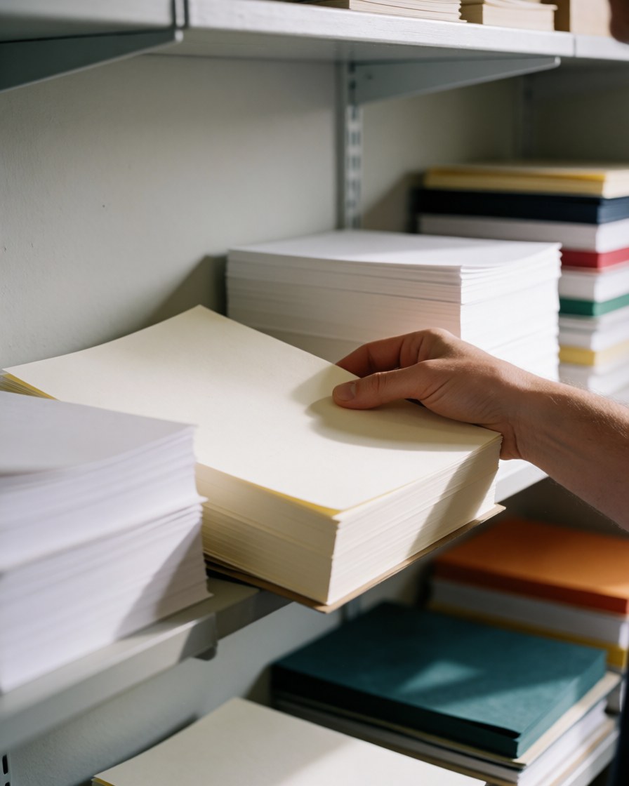 Hand selecting thick cream cardstock from a shelf in a copy center