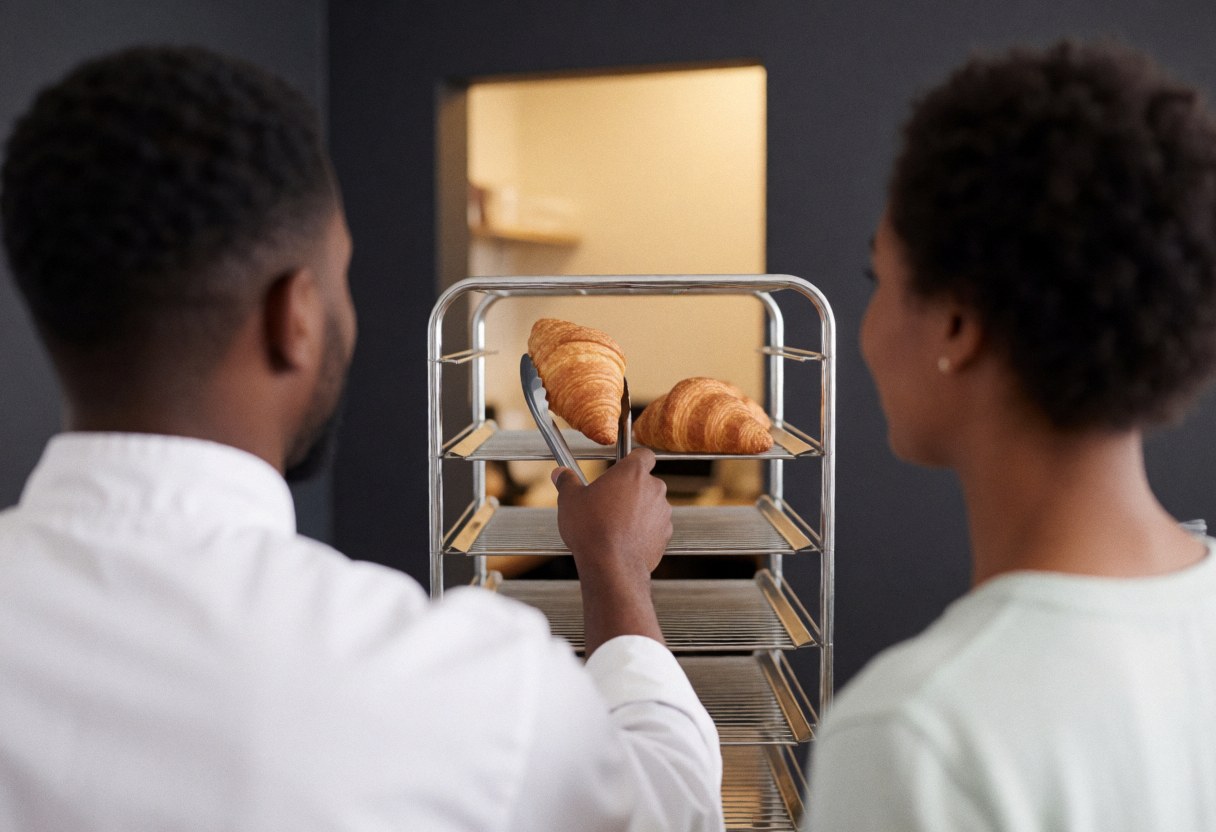 A guest uses tongs to take a croissant from a metal shelf in an apartment hotel kitchenette with gray walls and warm lighting.