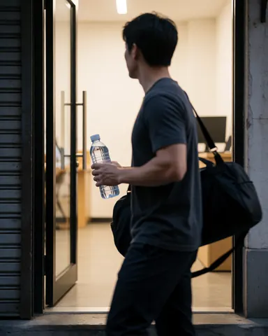Side view of a customer holding a water bottle and gym bag entering a gym with morning light