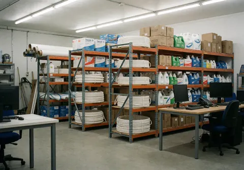 Industrial warehouse with metal racks, rolls of white pipes, chemical boxes, and computers on worktables