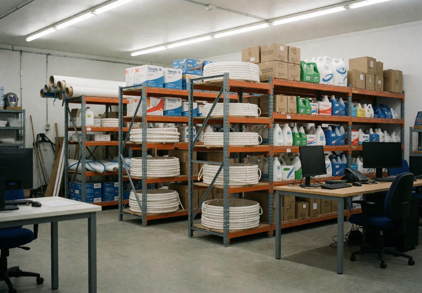 Industrial warehouse with metal racks, rolls of white pipes, chemical boxes, and computers on worktables