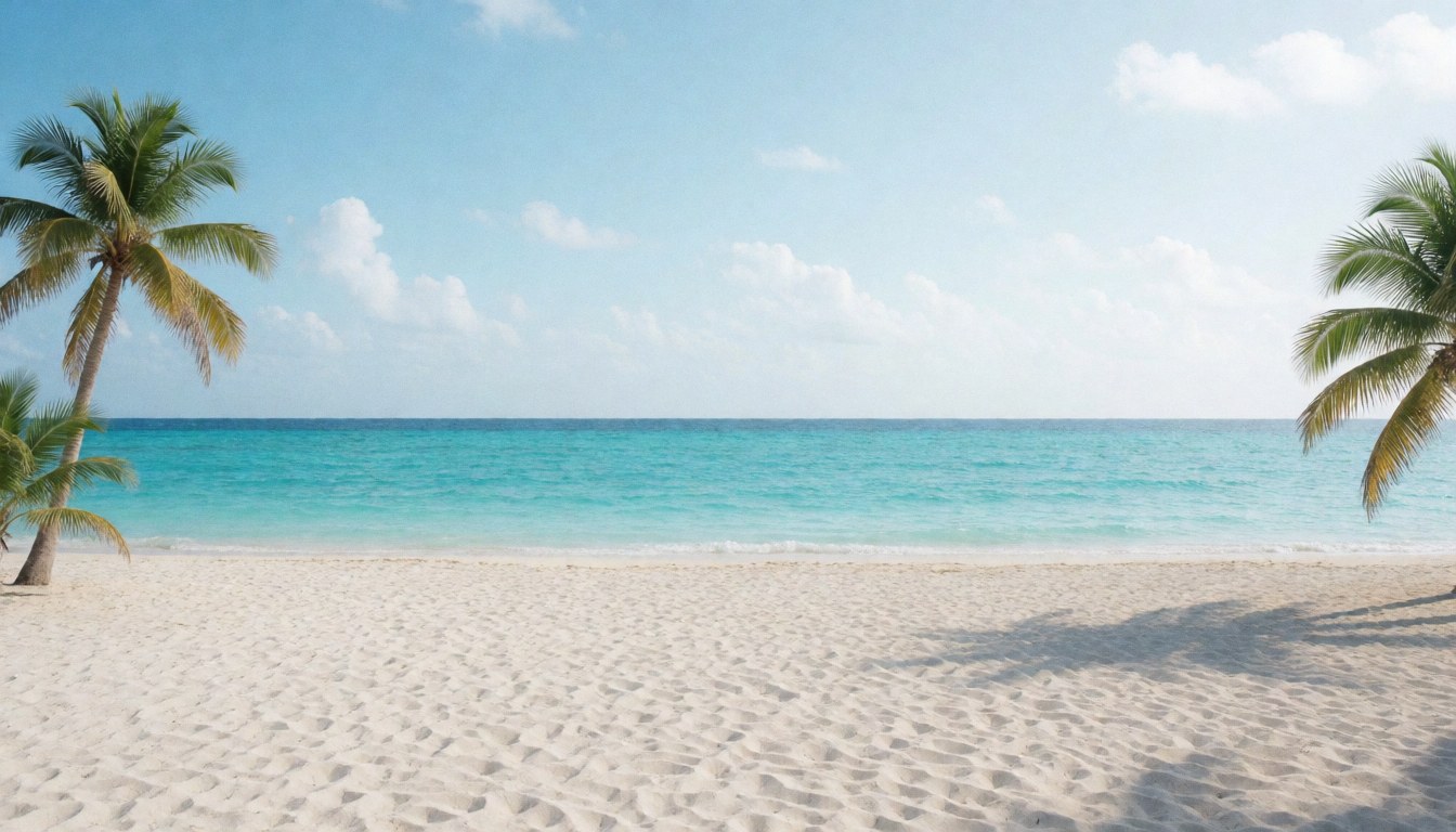 Empty tropical beach featuring white sand, turquoise water, and palm trees, ideal as a background for resort tourism websites.
