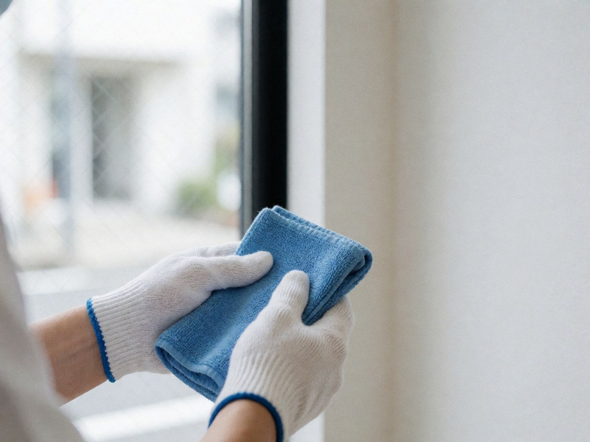 Close-up of gloved hands folding a blue towel to clean a glass window against a white background