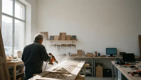 Man using air blower to clean a carved wooden door in a furniture restoration workshop with tools hanging on the wall