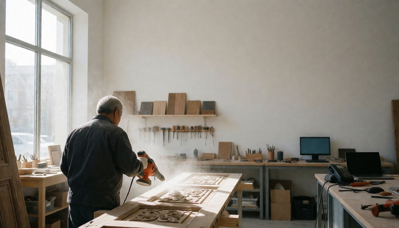Man using air blower to clean a carved wooden door in a furniture restoration workshop with tools hanging on the wall