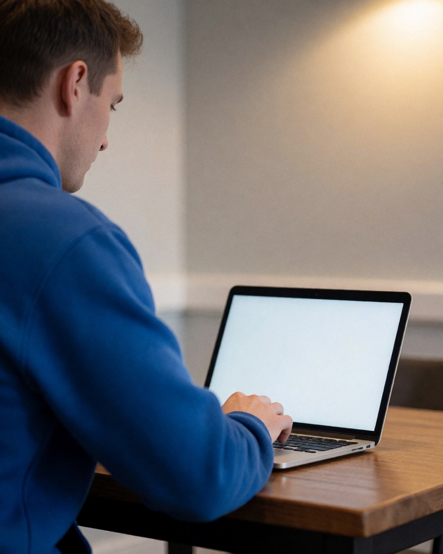 Athletics coach using a laptop on a wooden desk in an office with warm lighting