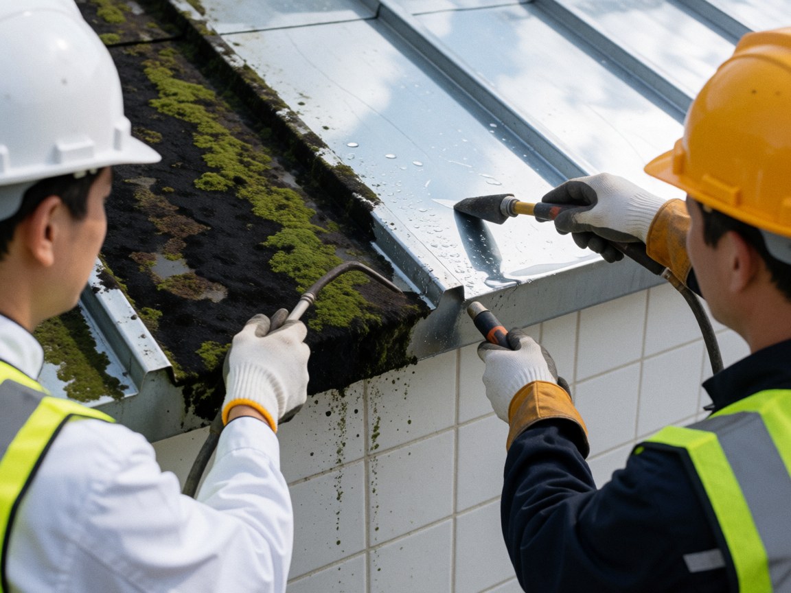 Two workers wearing safety gear clean algae off a metal roof using pressure tools near white tiled walls.