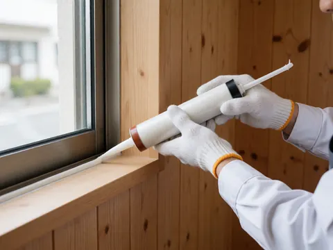 Close-up of a gloved hand applying white silicone sealant to an aluminum window frame against a wooden wall during a repair detail.