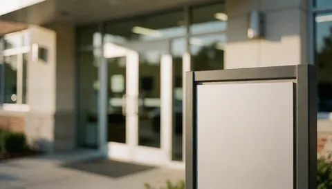 Close-up of a metal sign frame in the foreground with a blurred school entrance featuring glass doors and warm light in the background.