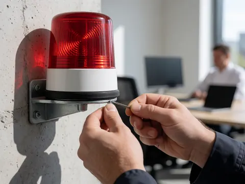 Close-up of a hand using a precision tool to tighten a screw on a red security alarm siren mounted on a concrete wall under bright sunlight