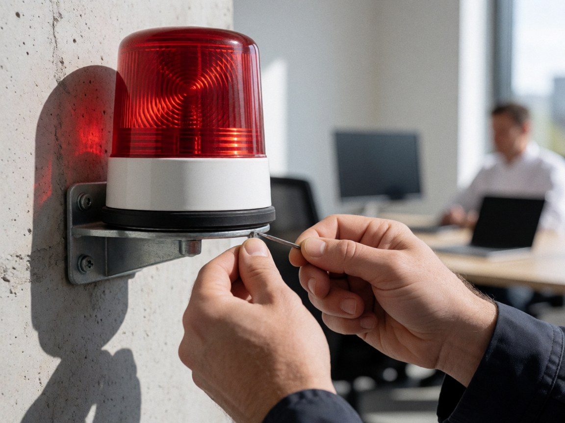 Close-up of a hand using a precision tool to tighten a screw on a red security alarm siren mounted on a concrete wall under bright sunlight
