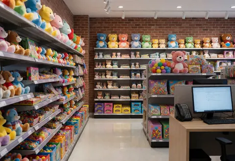 Toy shop interior featuring exposed brick walls, shelves stocked with plush toys and candy, polished reflective floor, and a computer register at the counter.