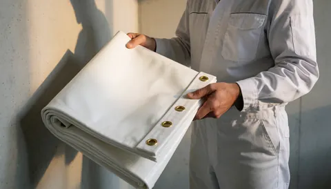 Awning installer holding a folded white awning with bronze grommets against a concrete wall at sunset