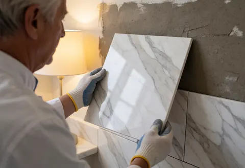 A senior tiler wearing gloves applies gray marble tiles to a wall in a bathroom under warm lighting