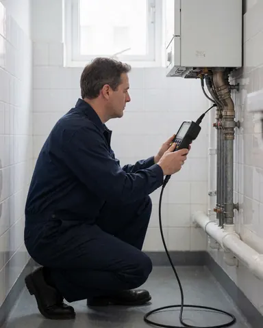 Technician in blue uniform inspects a boiler using a gas analyzer in a utility room with white walls and natural light from a window.