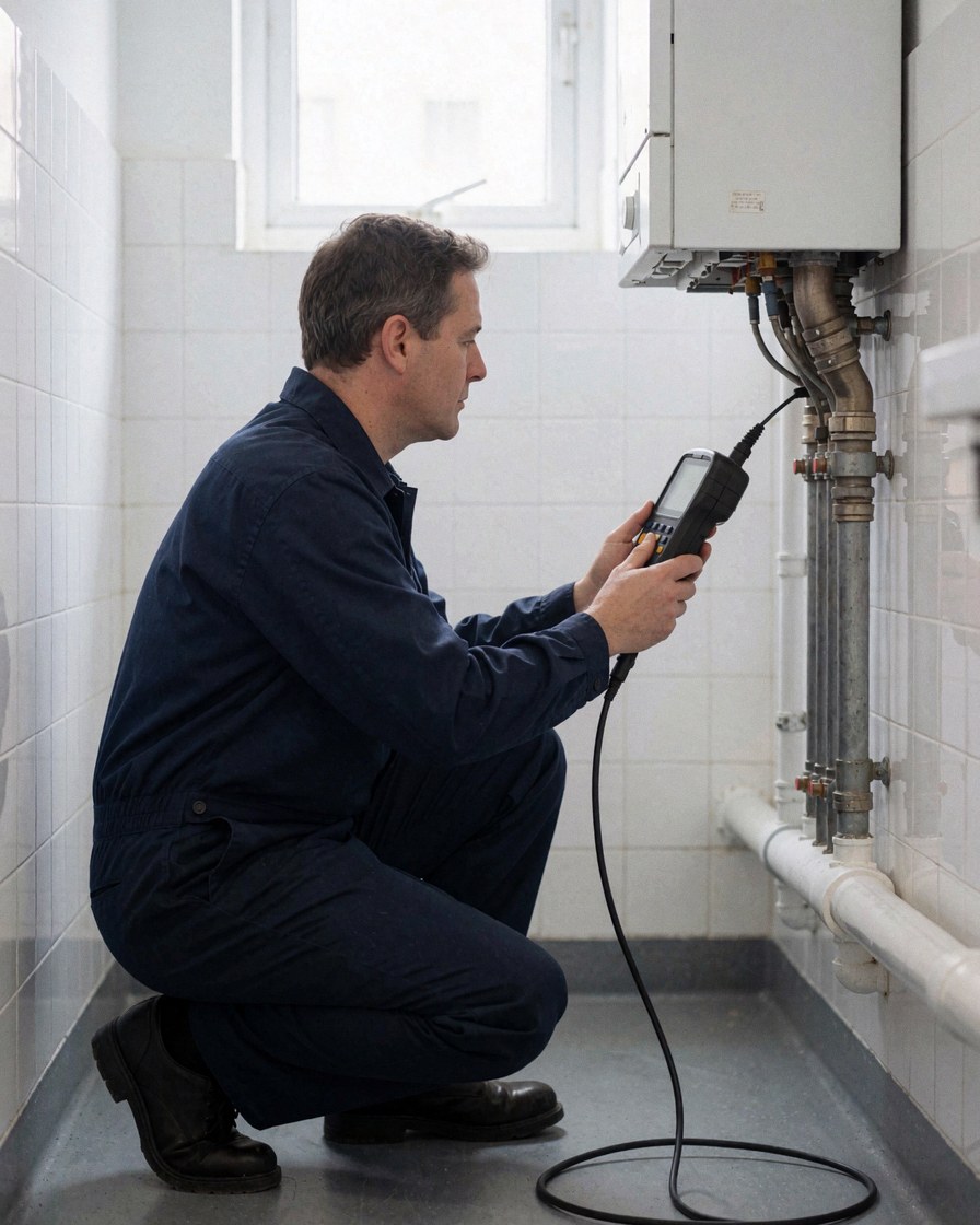 Technician in blue uniform inspects a boiler using a gas analyzer in a utility room with white walls and natural light from a window.