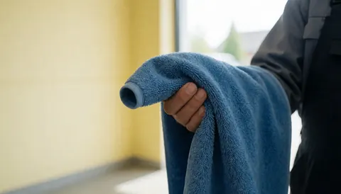 Close-up of a hand holding a blue towel to dry a car, with a yellow wall and natural light in the background.