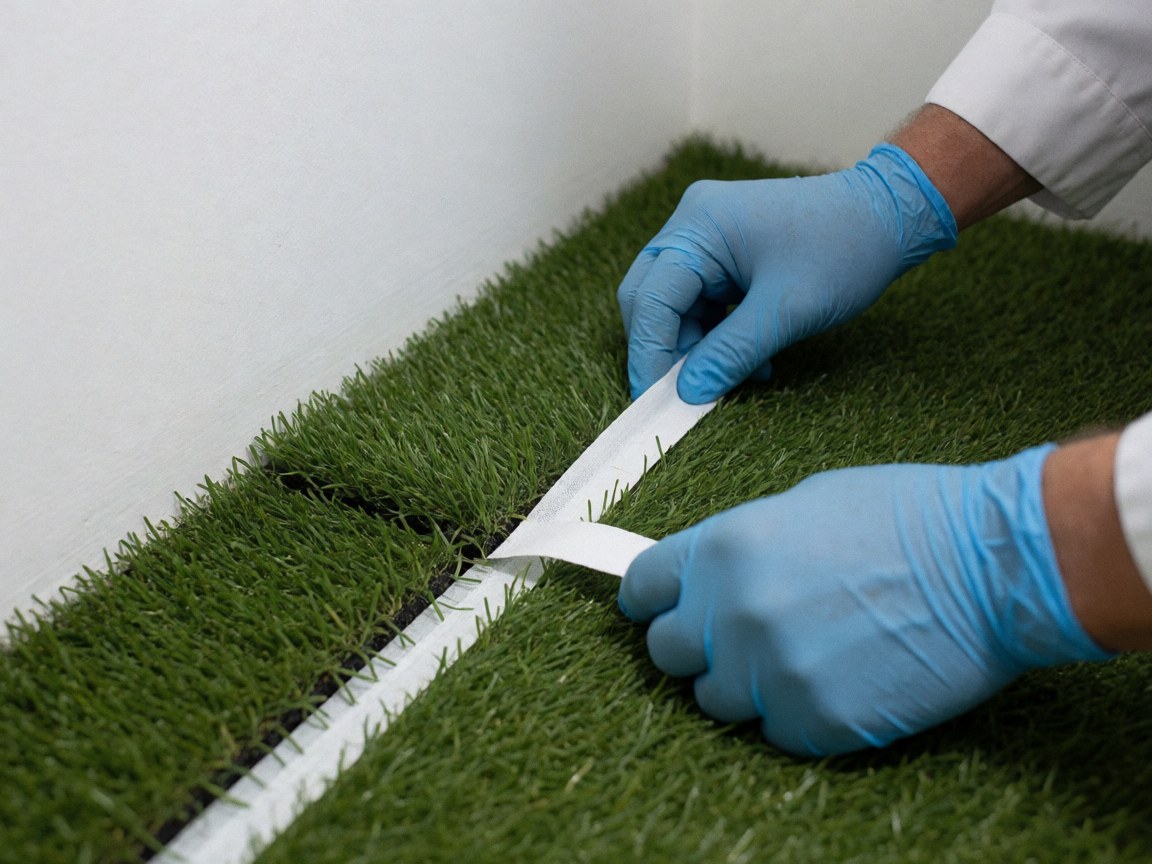 Gloved hands connect two sections of green synthetic turf using a white seam tape against a white wall background.